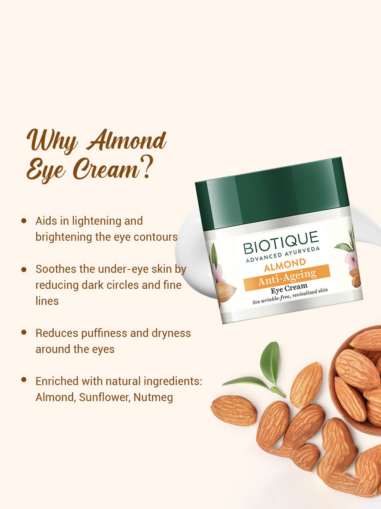 BIOTIQUE Almond Anti-Ageing Eye Cream - 15 gm