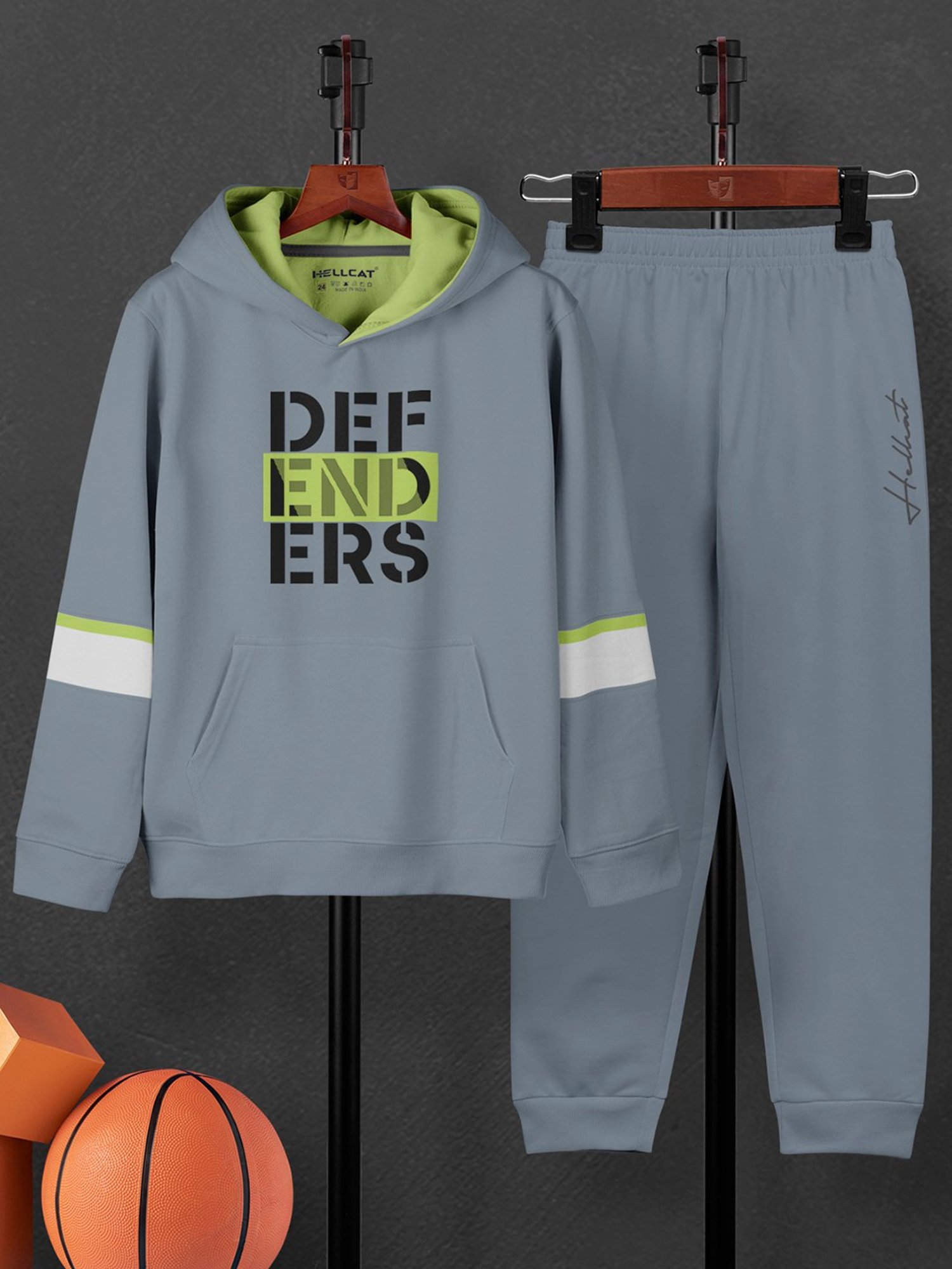 HELLCAT Kids Grey Printed Full Sleeves Hoodie T-Shirt with Trackpants