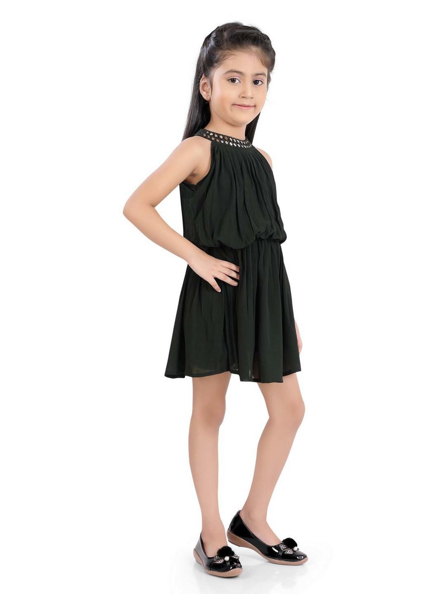 poplins Kids Green Cotton Regular Fit Dress