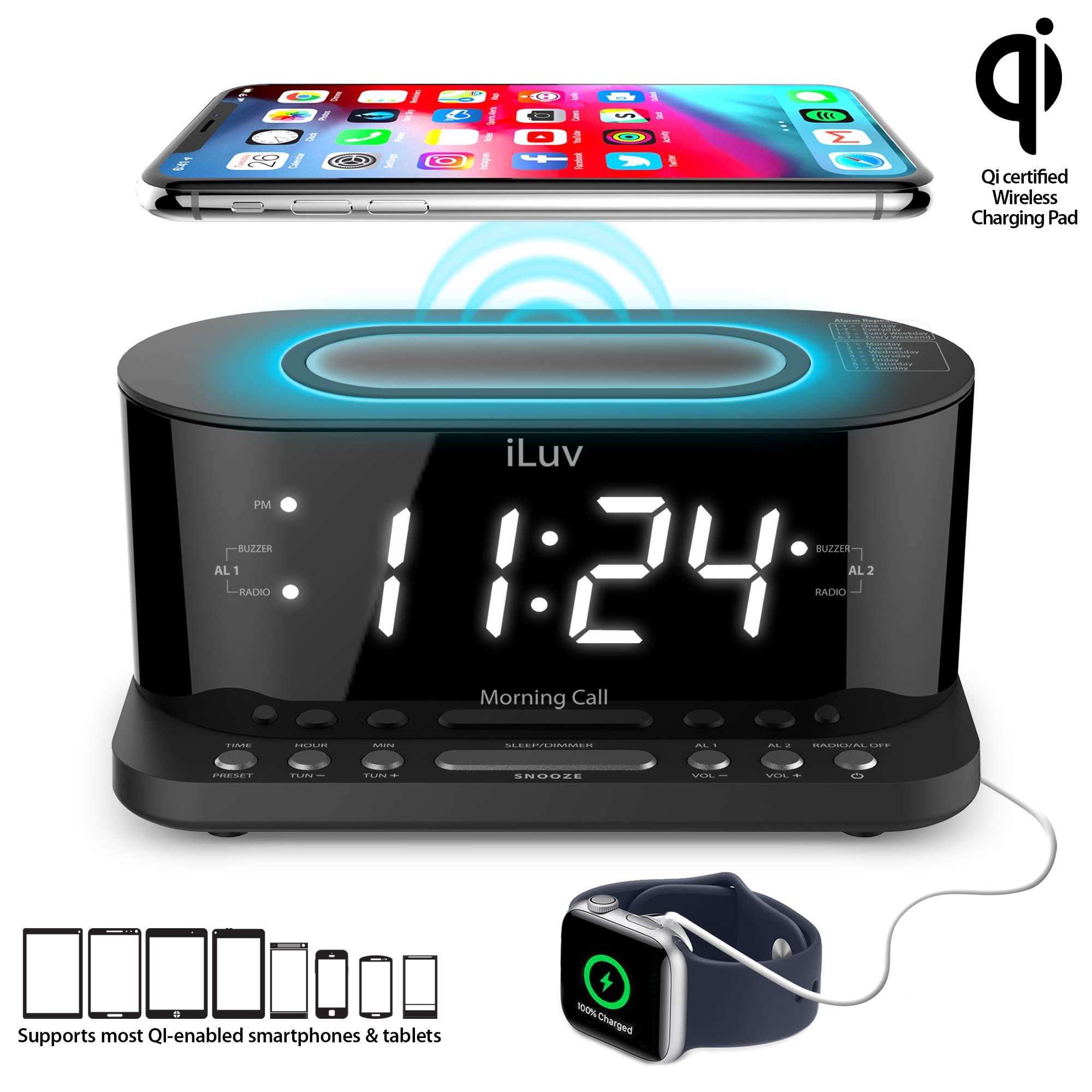 iLuv Wireless Charging Alarm Clock with Qi Certified, 1.2" Jumbo LED Dual alarm Clock , Radio Alarm Clock, FM 10 Preset, USB Charging Alarm Clock, Sleep Timer, 3 Dimmer,100 -240V AC Power