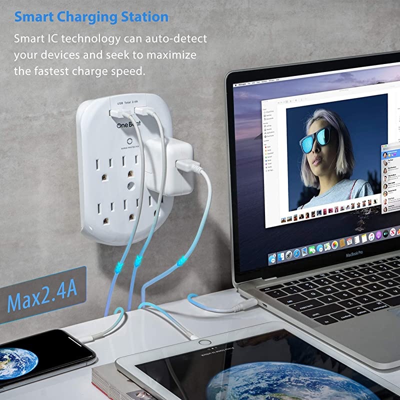 Surge Protector Wall Outlet Extender Multi Plug Outlet Wall Adapter with 2 USB Charging Ports 24 A 490 Joules ETL Listed for Home School Office White