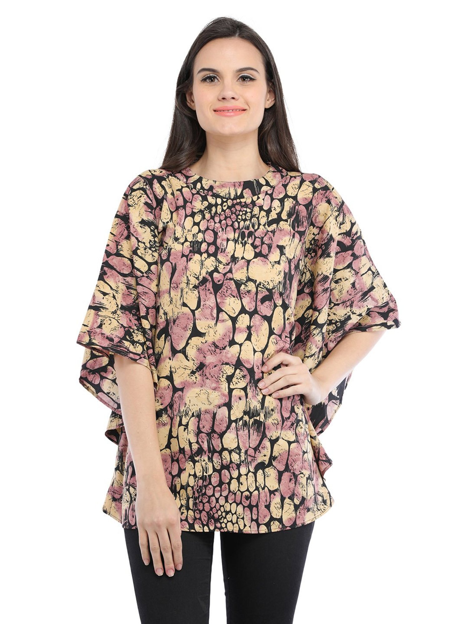 Cottinfab Beige Printed A-Line Kaftan Crepe Top