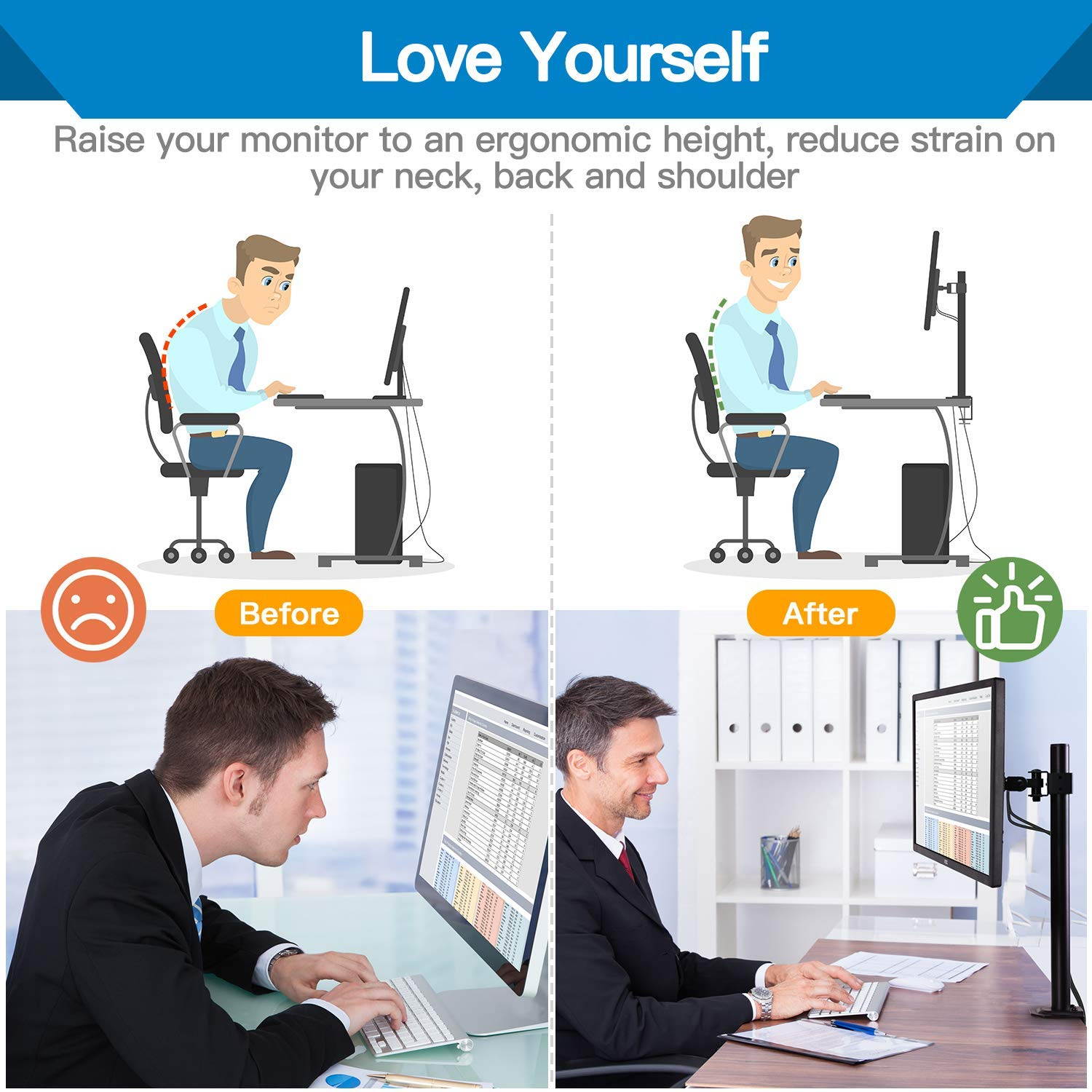 HUANUO Single Monitor Mount, LCD Computer Monitor Stand for13 inch to 32 inch Screen, Adjustable Height, Tilt, Swivel, Rotation, Weight up to 17.6lbs