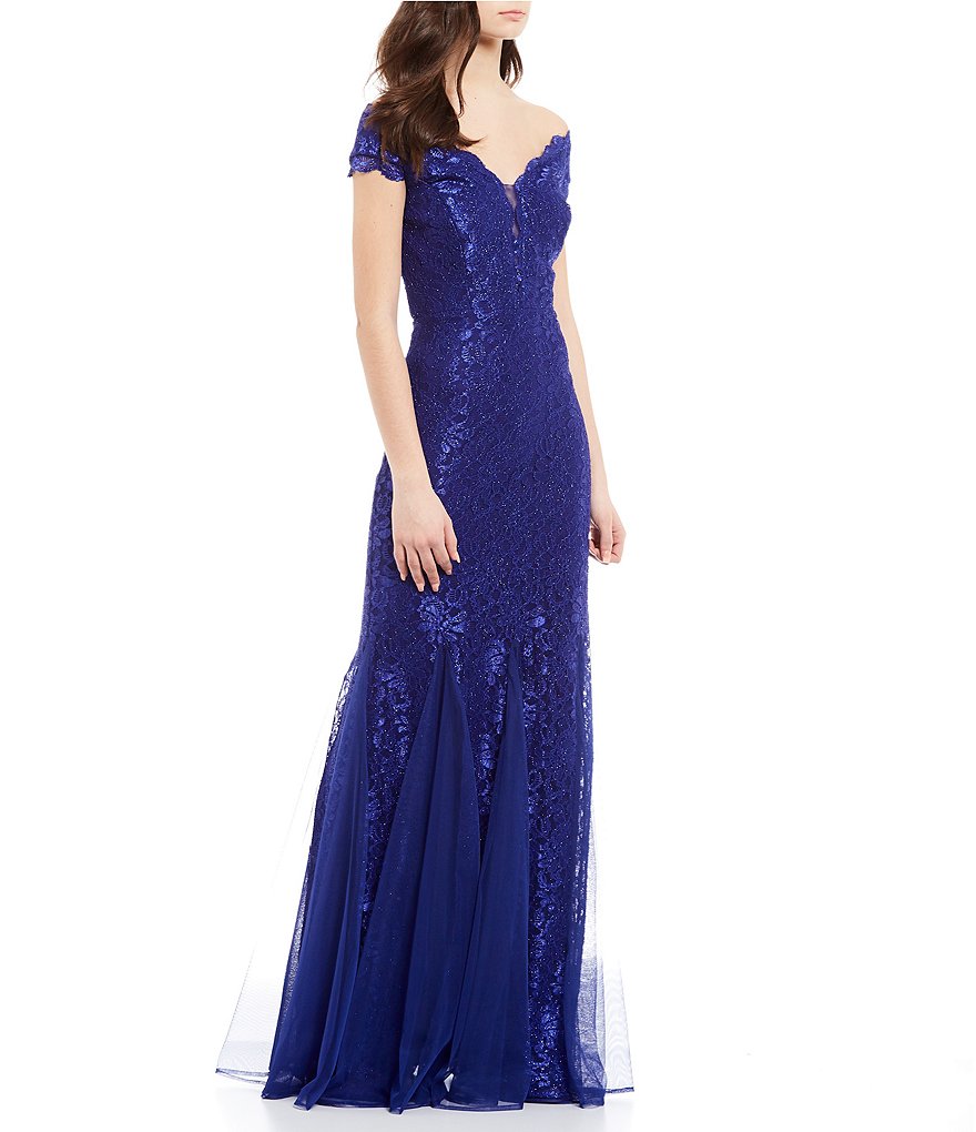 Morgan & Co. Scalloped Off-the-Shoulder Lace Trumpet Long Dress