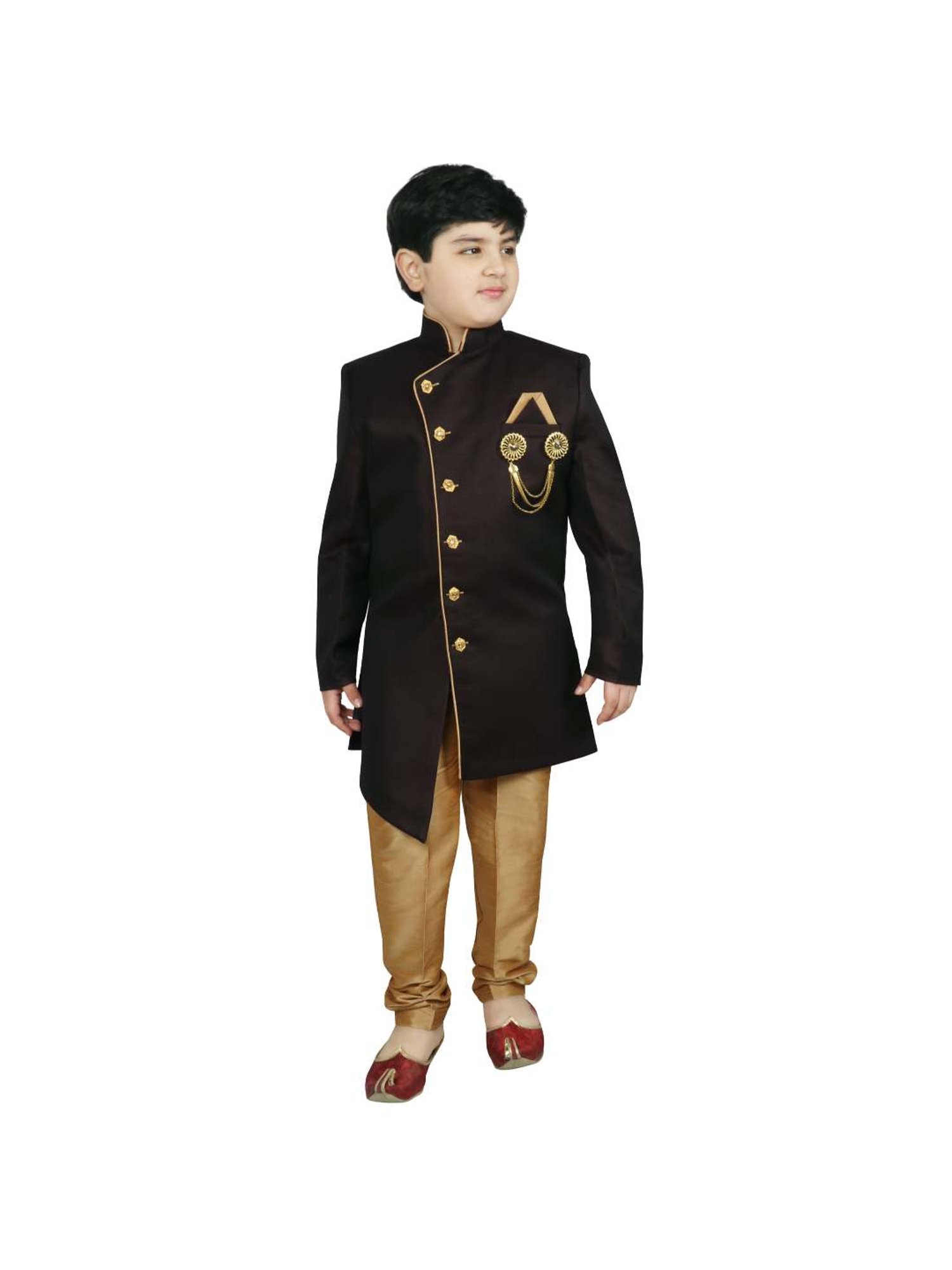SG Yuvraj Kids Brown & Black Solid Sherwani with Pyjama