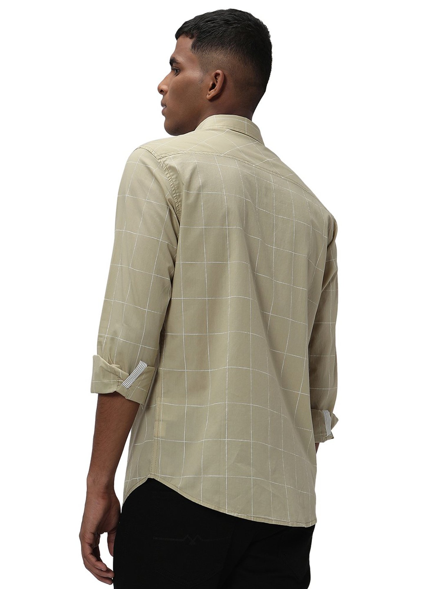 Mufti Light Khaki Slim Fit Check Cotton Shirt