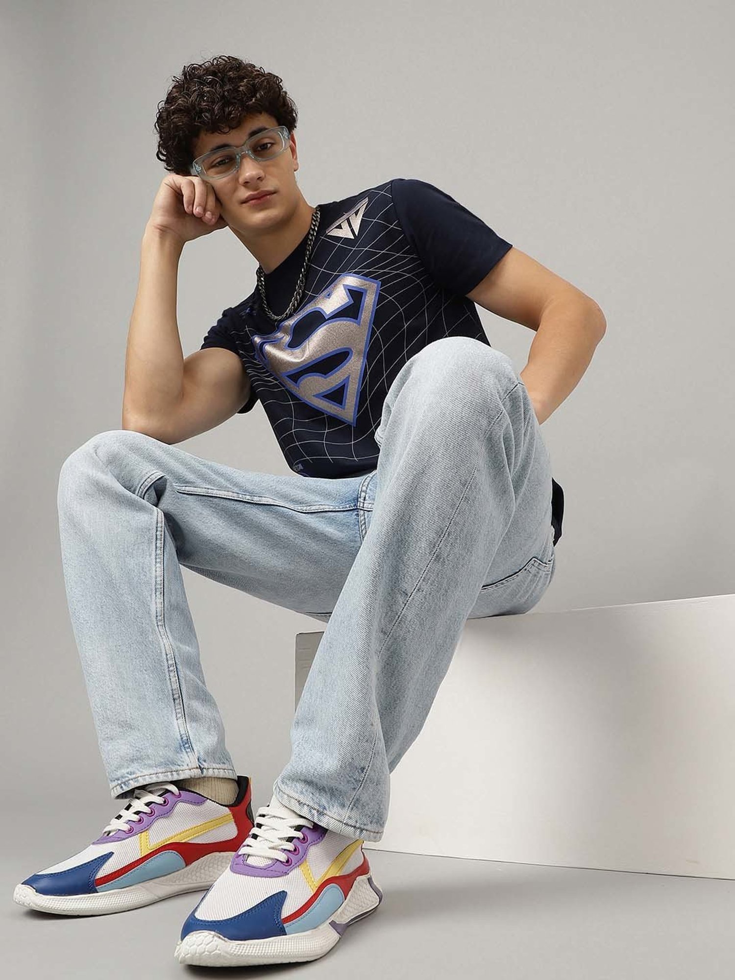 Free Authority Navy & Brown Regular Fit Dc Comics Printed Crew T-Shirt - Pack of 2