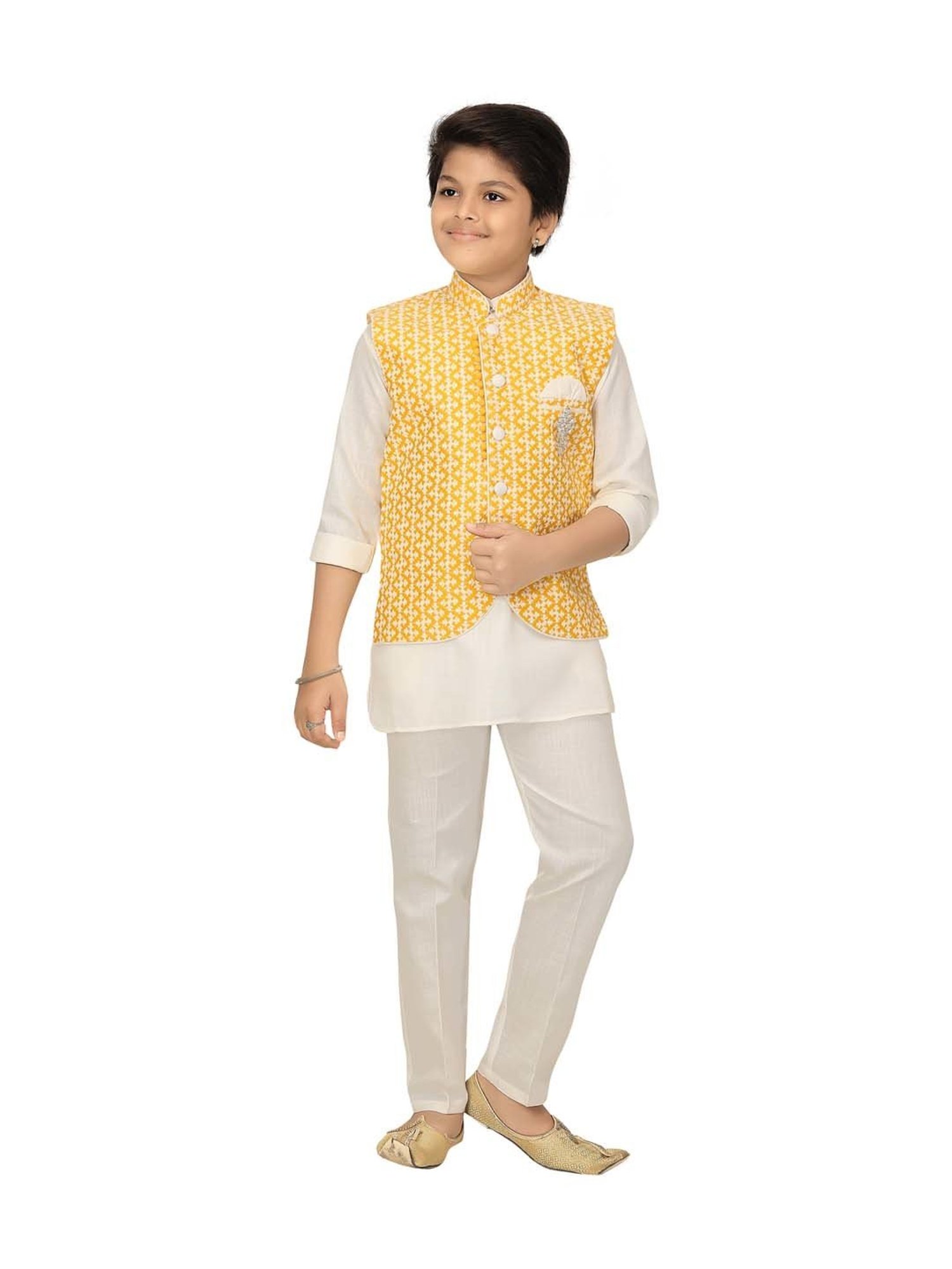 Ahhaaaa Kids White & Yellow Cotton Embroidered Full Sleeves Kurta Set