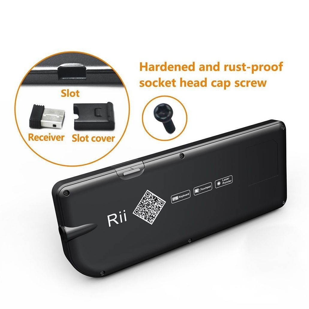 Rii 2.4G Mini Wireless Keyboard with Touchpad, Laser Pointer with Remote Control, Backlit Portable Keyboard Controller with USB Receiver for Windows/Mac/Android/PC/Tablets/TV/Xbox/PS3