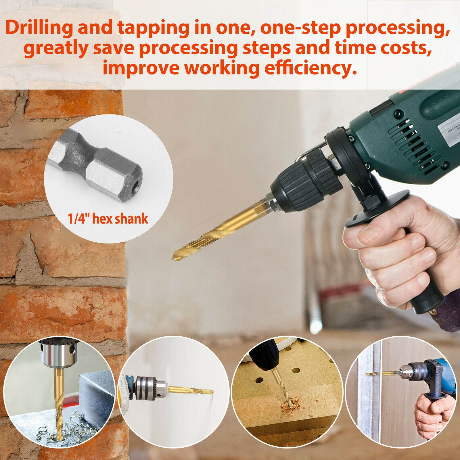 6 PCS M3-M10 1/4" Composite Hex Shank HSS Metric Screw Thread Tap Drill Bits Set