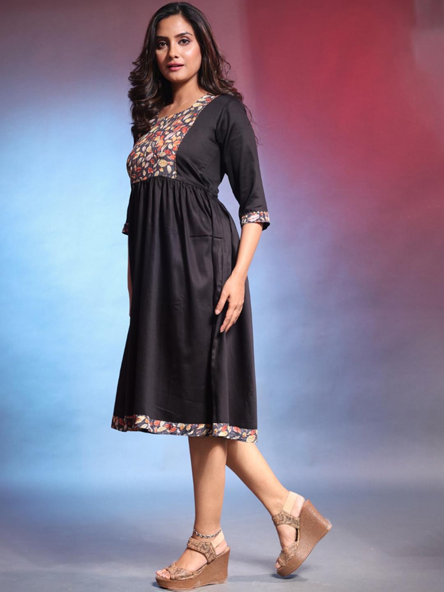 Charukriti Black Floral Print A-Line Dress