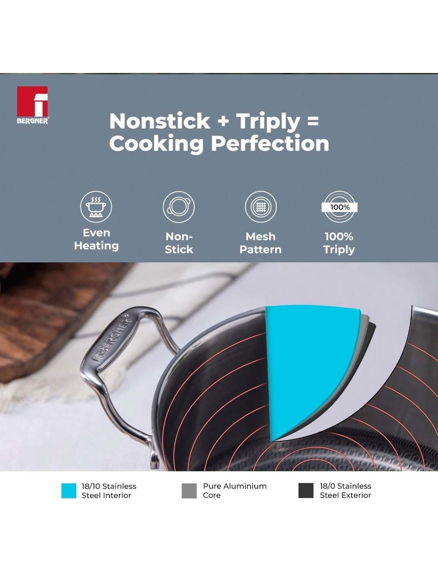 Bergner Hitech Triply Silver Stainless Steel Non Stick 32 cm Casserole With Glass Lid (11.8 L)