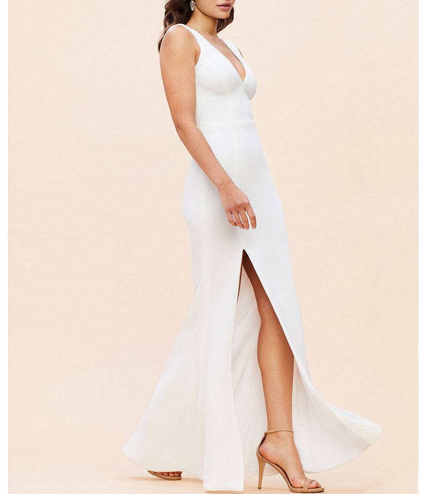 Dress the Population Sandra Crepe Plunge V-Neck Sleeveless Side Slit Gown