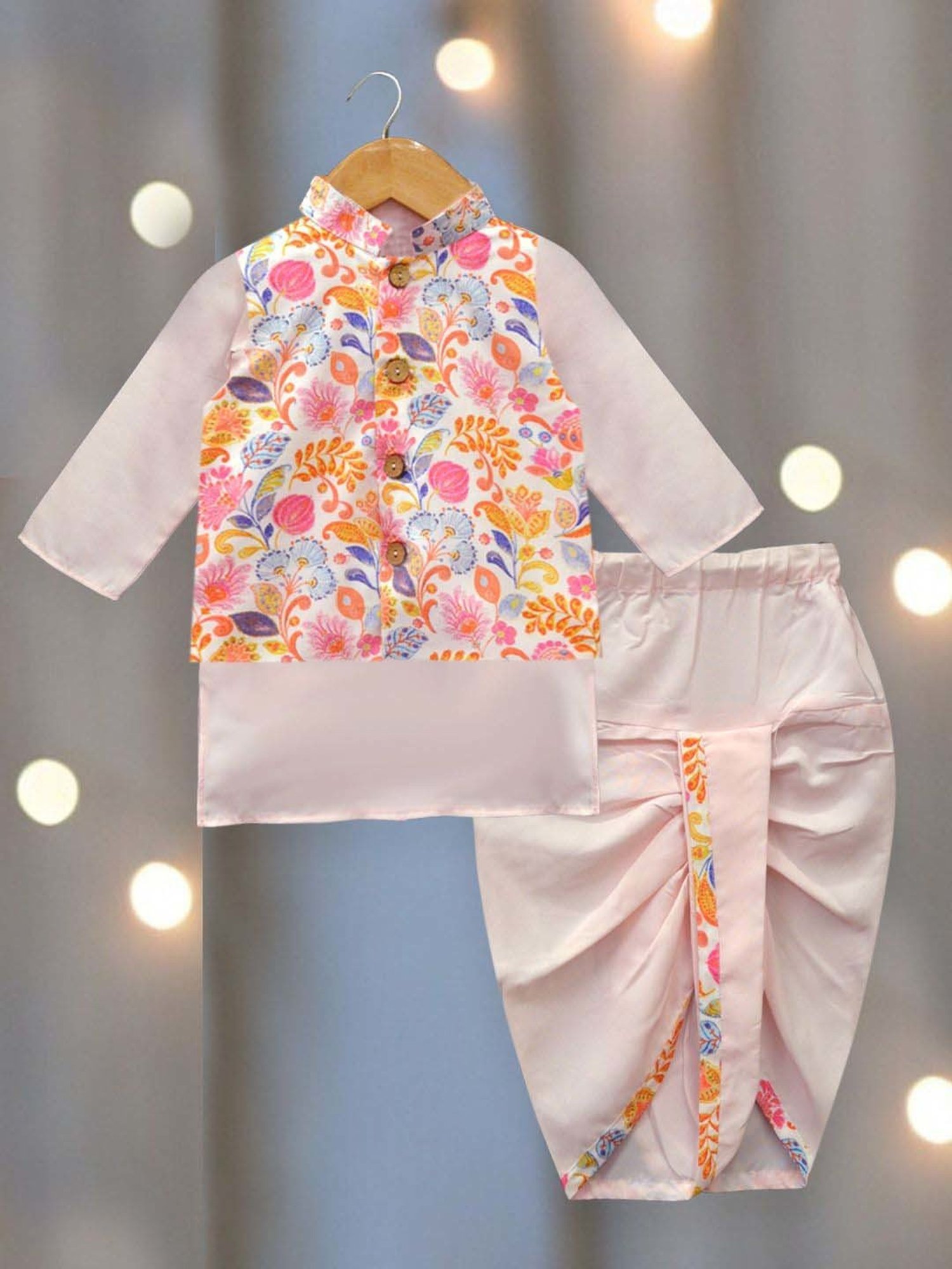 A.T.U.N. Boys Soft Pink Printed Full Sleeves Kurta Set