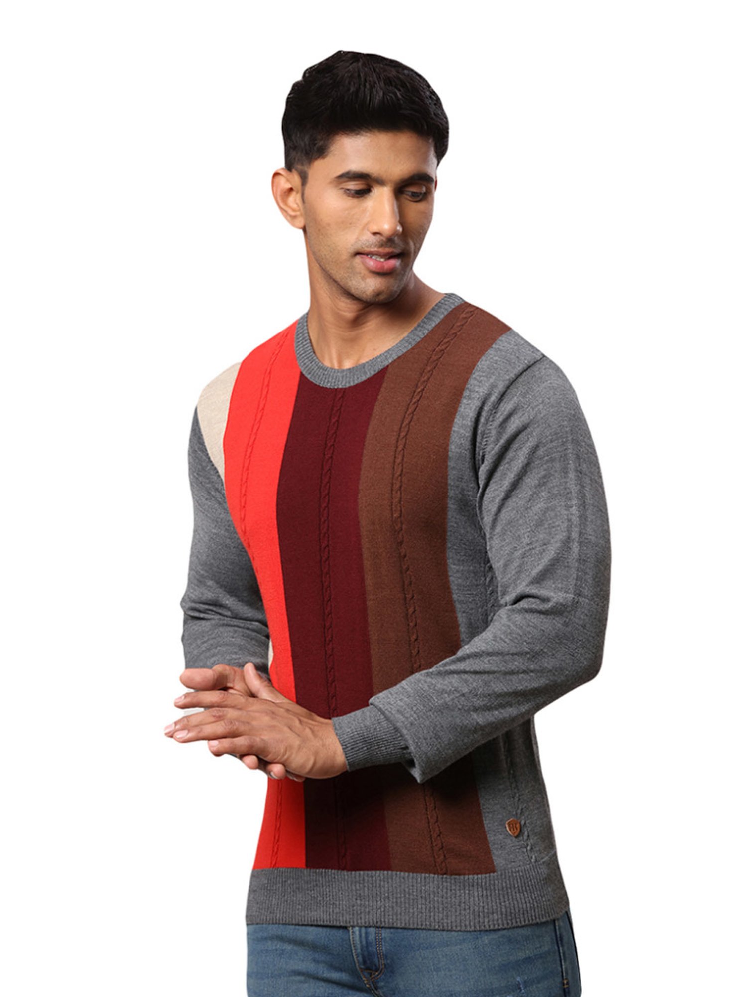 Raymond Grey & Orange Regular Fit Colour Block Sweater