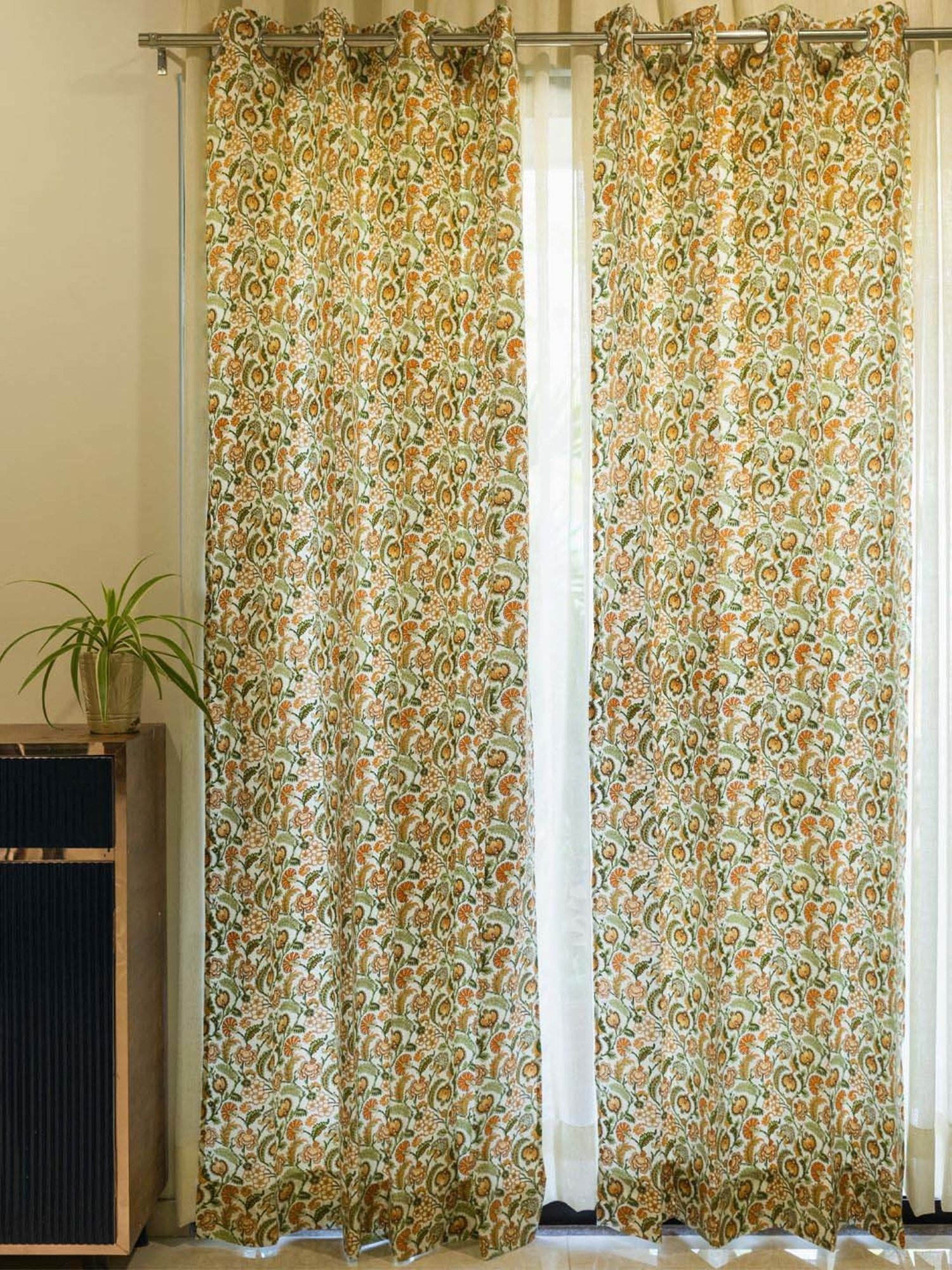 Urban Space Mustard Cotton Window Curtain With Tieback & Eyelet - Set of 2