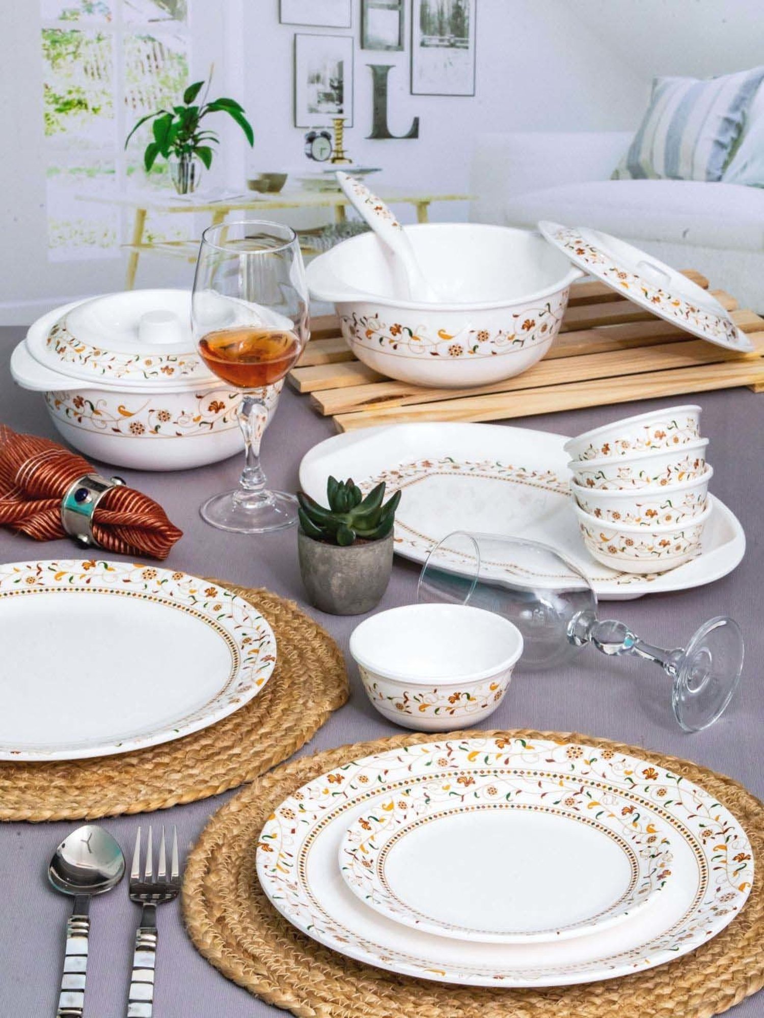 Cello White & Rust Glass Dinner Set