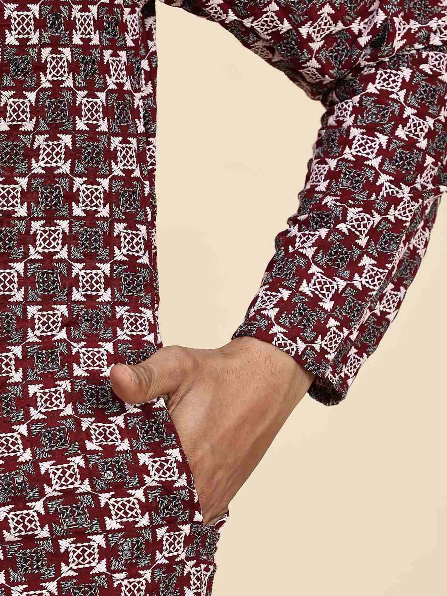 Pro-Ethic Style Developer Maroon & White Cotton Regular Fit Embellished Kurta Bottom Set