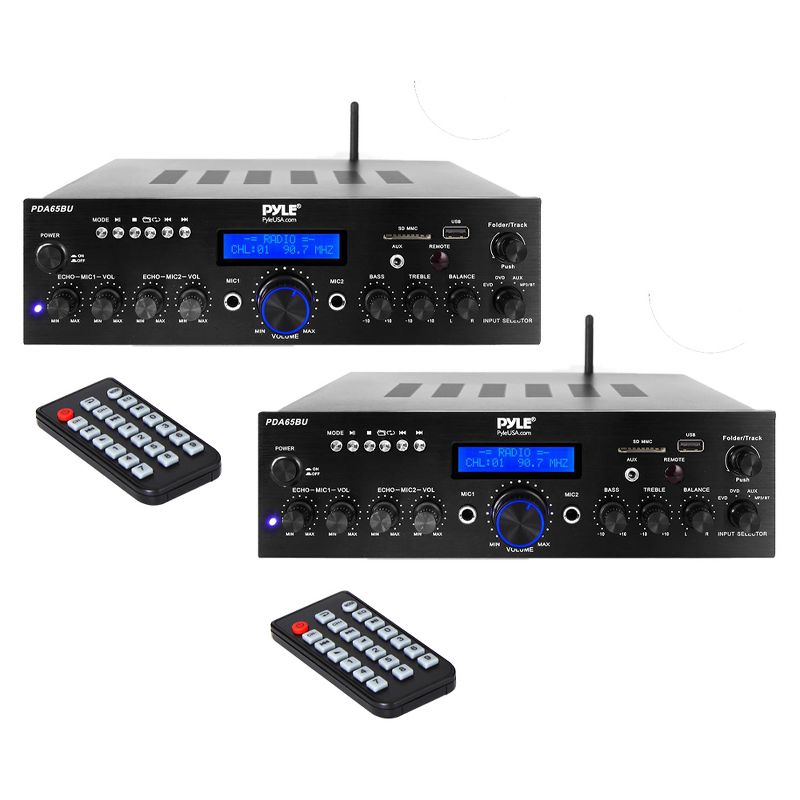 Pyle PDA65BU 2 Channel 200 Watt Home Theater Amplifier Audio Receiver Sound System w/ Bluetooth Wireless Streaming & MP3/USB/SD/AUX/FM Radio (2 Pack)