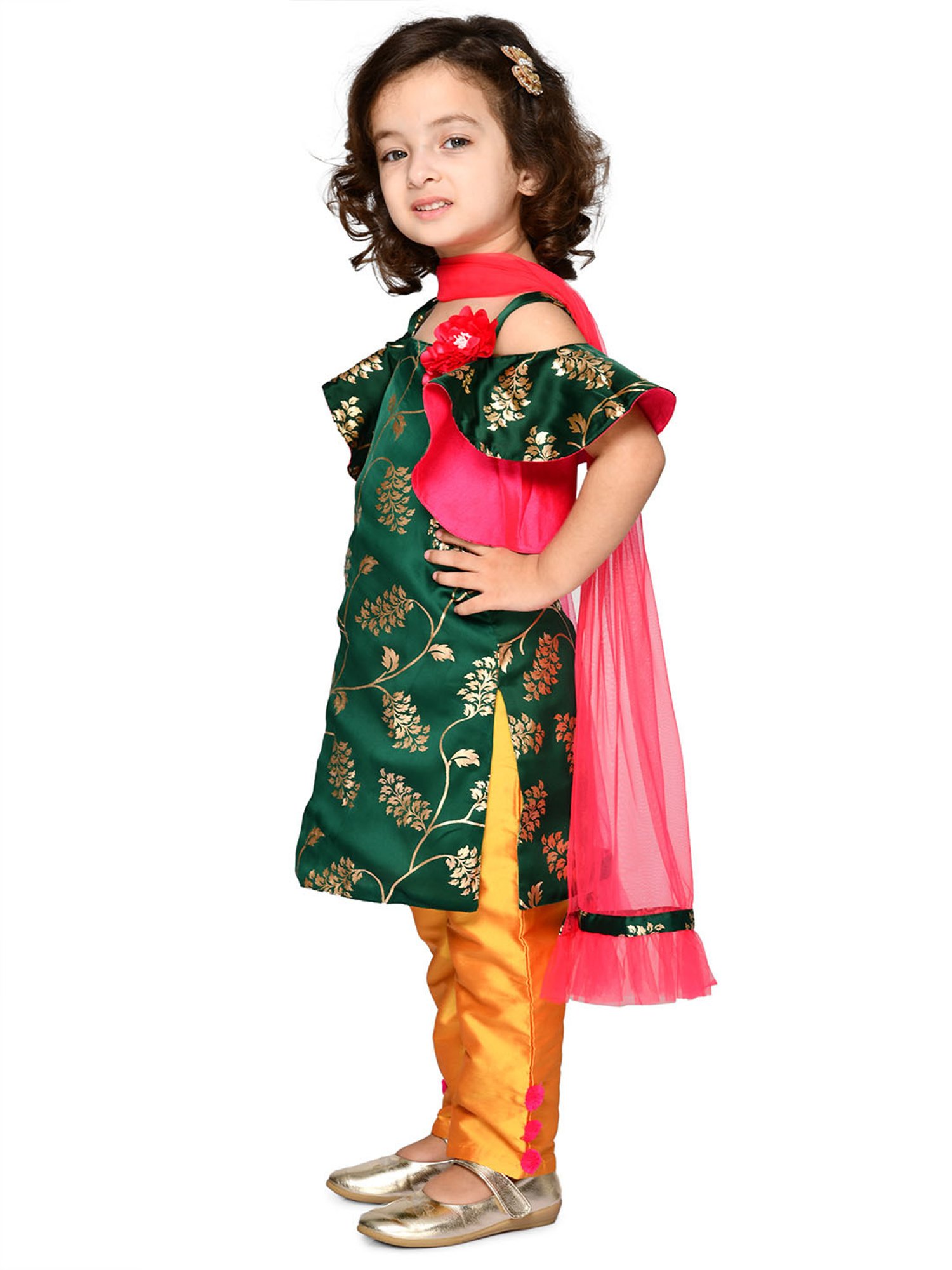 Saka Designs Kids Green & Mustard Printed Kurti with Pants & Dupatta