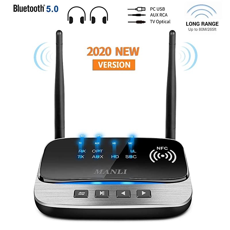 Bluetooth 5.0 Transmitter,  3 in 1 Bluetooth Transmitter Receiver 265FT Long Range for PC,Car/TV/Home Stereo System, Support Low Latency, Optical RCA AUX 3.5mm