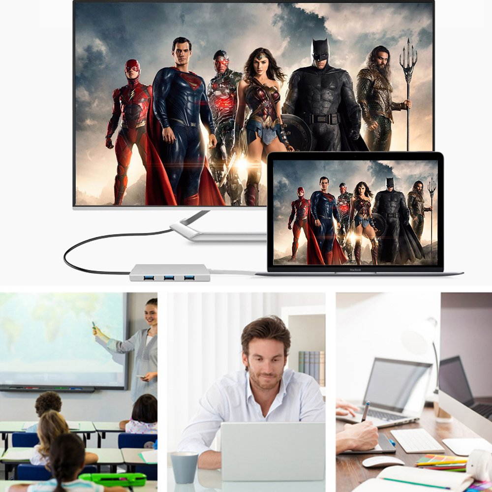 7 in 1 USB C HUB, Type-C to HDMI + PD + 3 x USB3.0 + SD/TF Dongle, Support SD/TF Card Reader, PD Fast Charging and 4K Ultra HD Video Output for New MacBook, ChromeBook and Surface.
