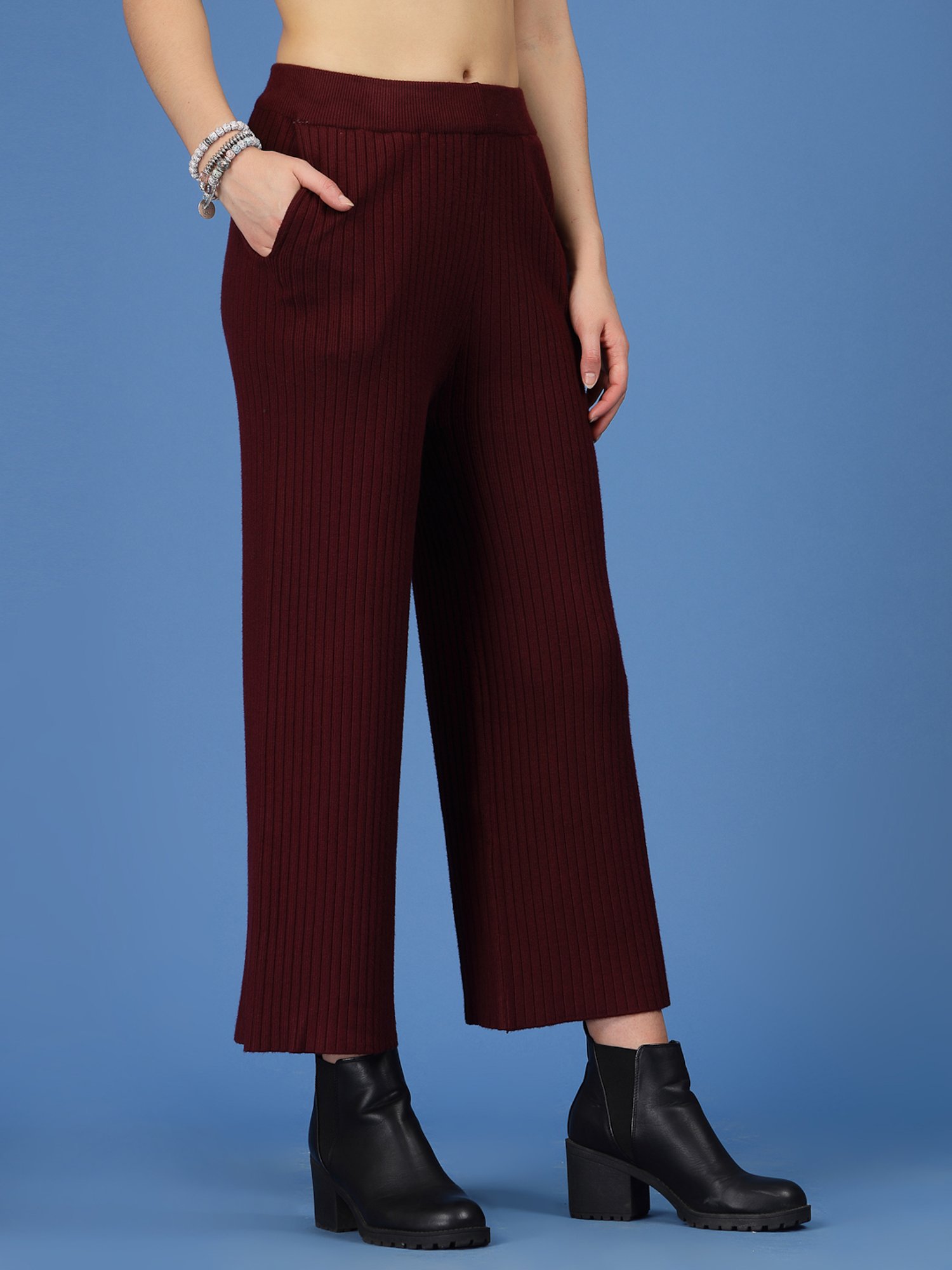 Mafadeny Maroon Regular Fit Mid Rise Palazzos