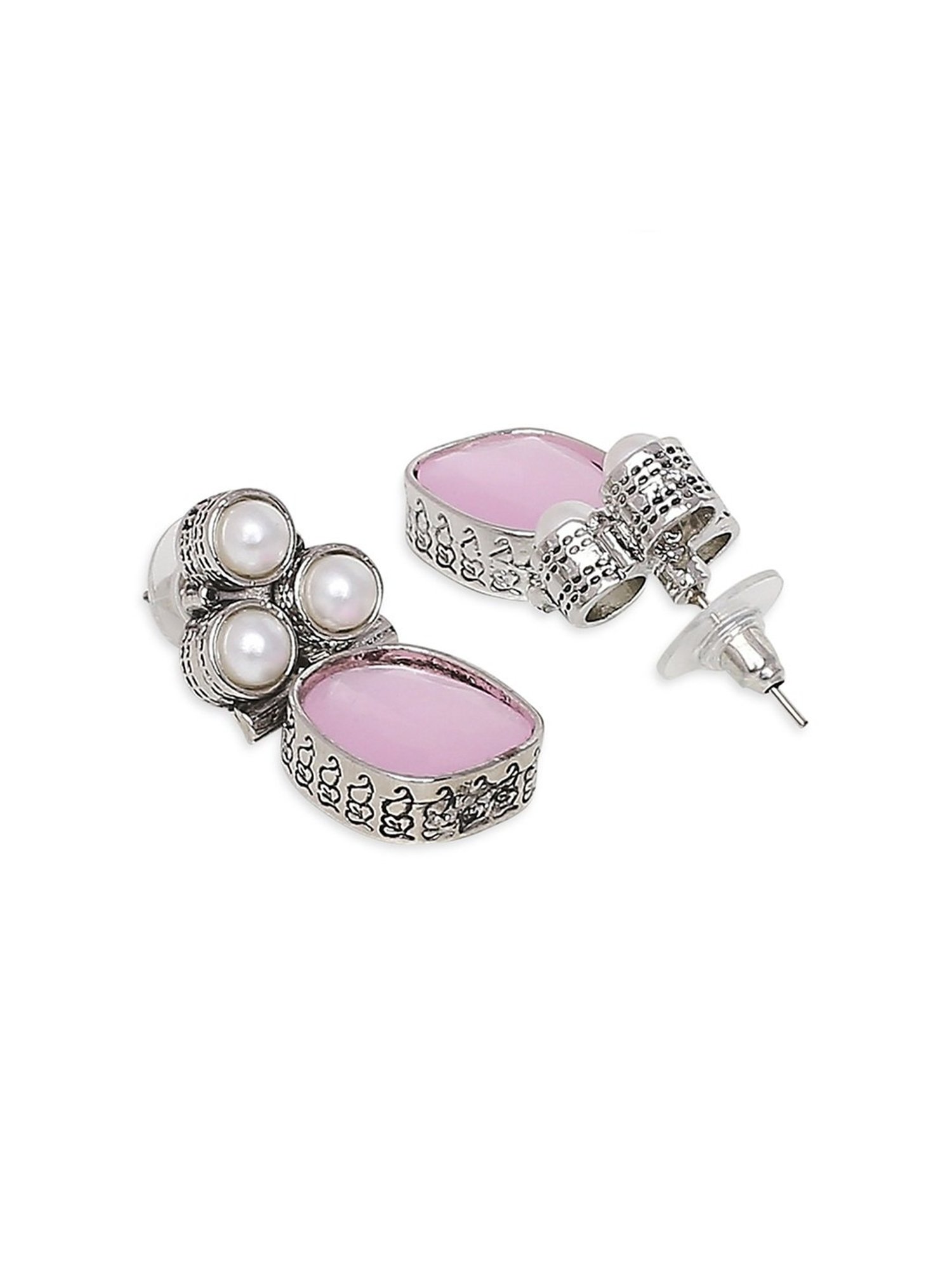 Oomph Jewellery Oxidized Silver Small Ethnic Pink Opal Moonstone Drop Earrings