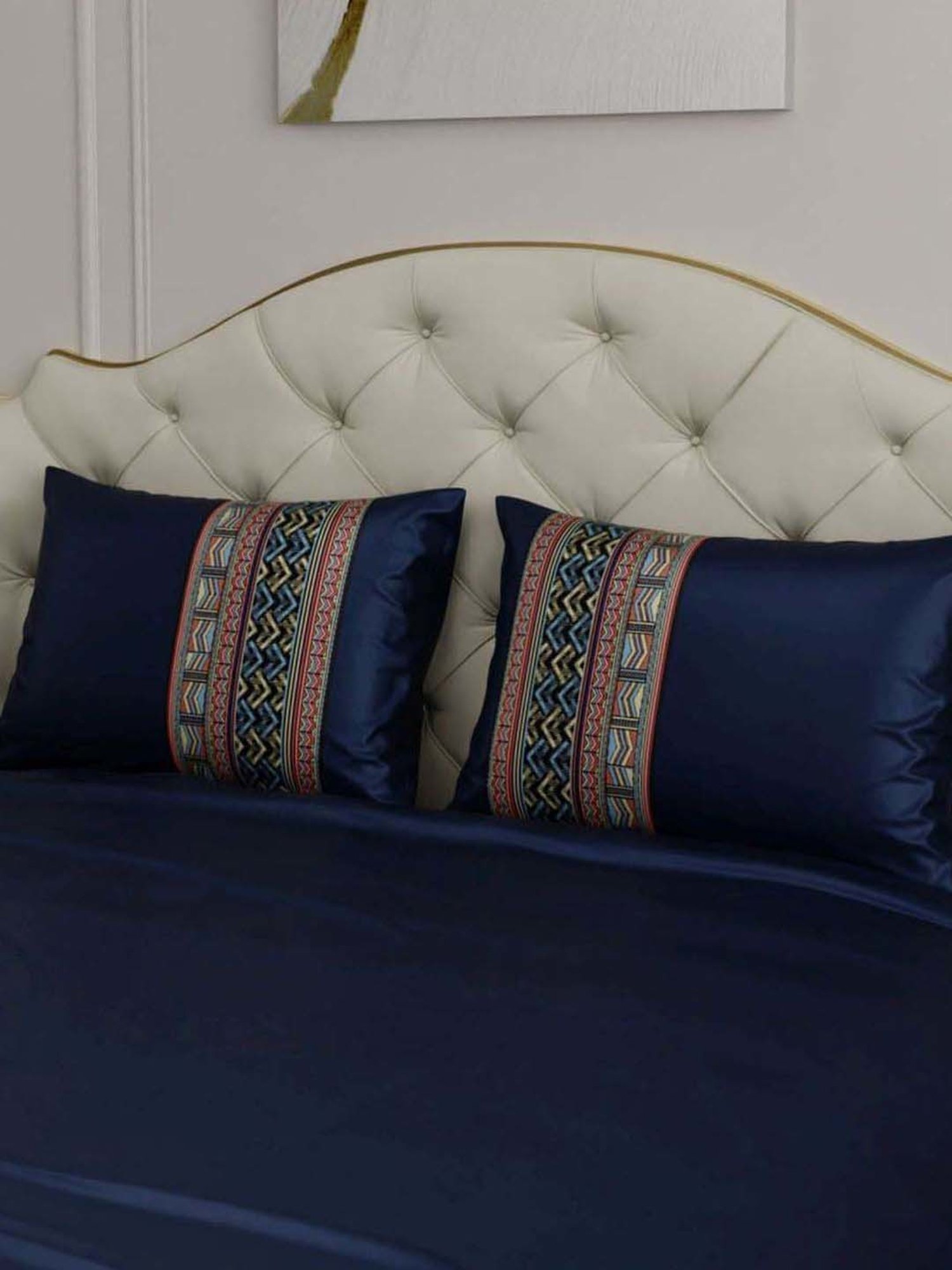 Stoa Paris Navy Polyester 300 TC Regal Renaissance Double Bed Sheet With 2 Pillow Covers