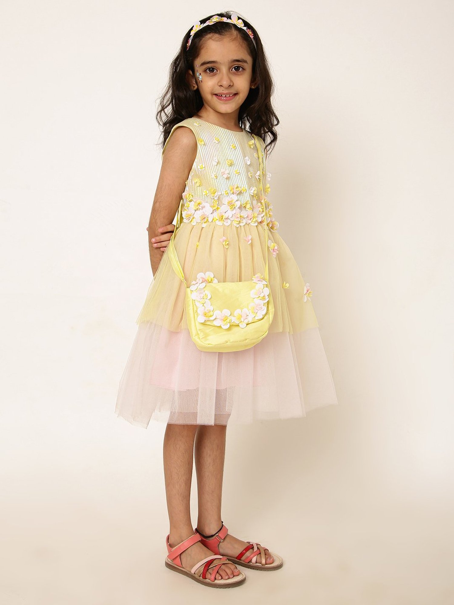 A Little Fable Girls Yellow & Pink Applique Dress