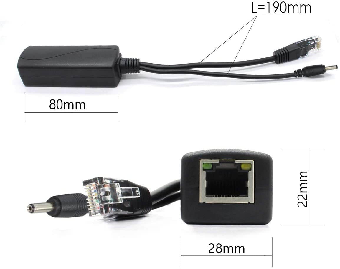 2-Pack 5V Gigabit PoE Splitter 48V to 5V 2.4A Adapter Plug 3.5mm x 1.35mm 5.5mm x 2.1mm Connector IEEE 802.3af Compliant for IP Camera and More
