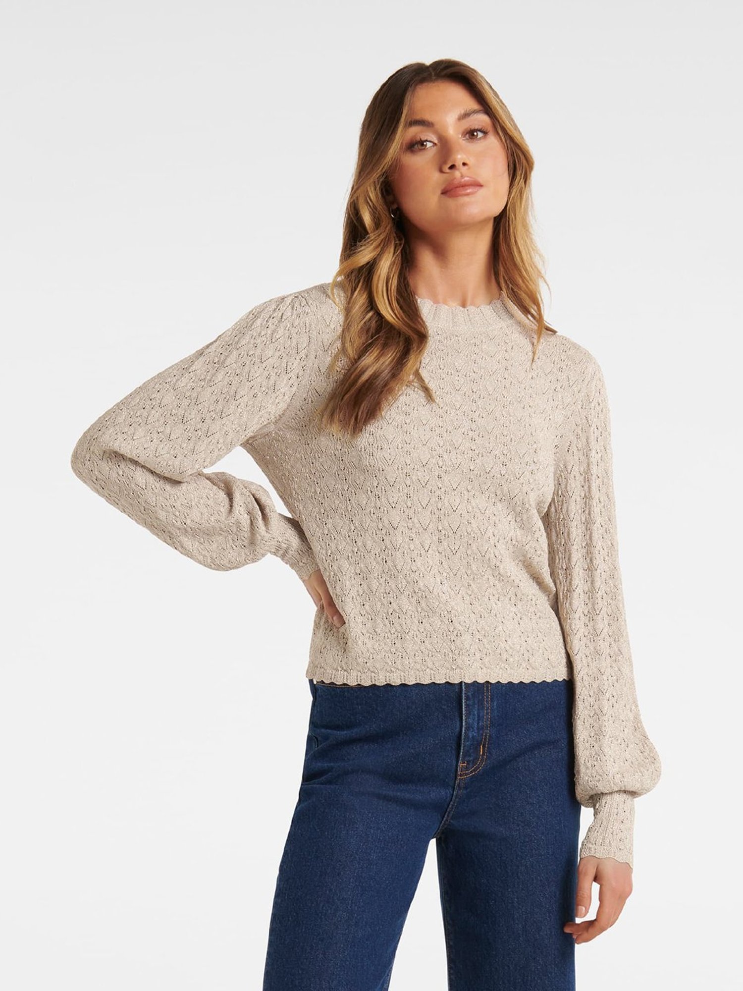 Forever New Beige Self Design Sweater