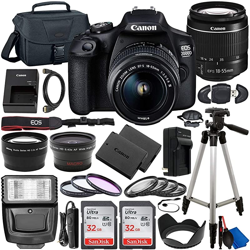 EOS 2000D (Rebel T7) DSLR Camera with EF-S 18-55mm f/3.5-5.6 DC III Lens & Deluxe Accessory Bundle &ndash; Includes: 2x SanDisk Ultra 32GB SDHC Memory Card, Extended Life Battery, Carrying Case & MORE