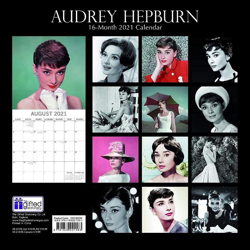 The Gifted Stationery 2021 Wall Calendar 12" x 12" Monthly View, Audrey Hepburn, 16-Month, with 180 Reminder Stickers
