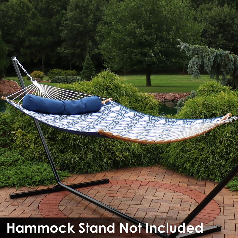 Sunnydaze Heavy-Duty Quilted 2-Person Hammock with Curved Bamboo Spreader Bars - 450 lb Weight Capacity - Navy and Gray Tiled Octagon