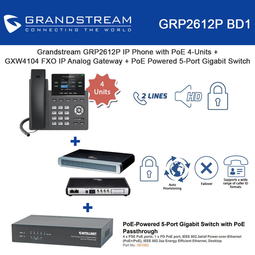 Grandstream GRP2612P Carrier-Grade IP Phone 2 SIP Accounts with PoE 4-Units + GXW4104 FXO IP Analog Gateway with 4 ports + 561082 PoE Powered 5-Port Gigabit Switch with PoE Passthrough