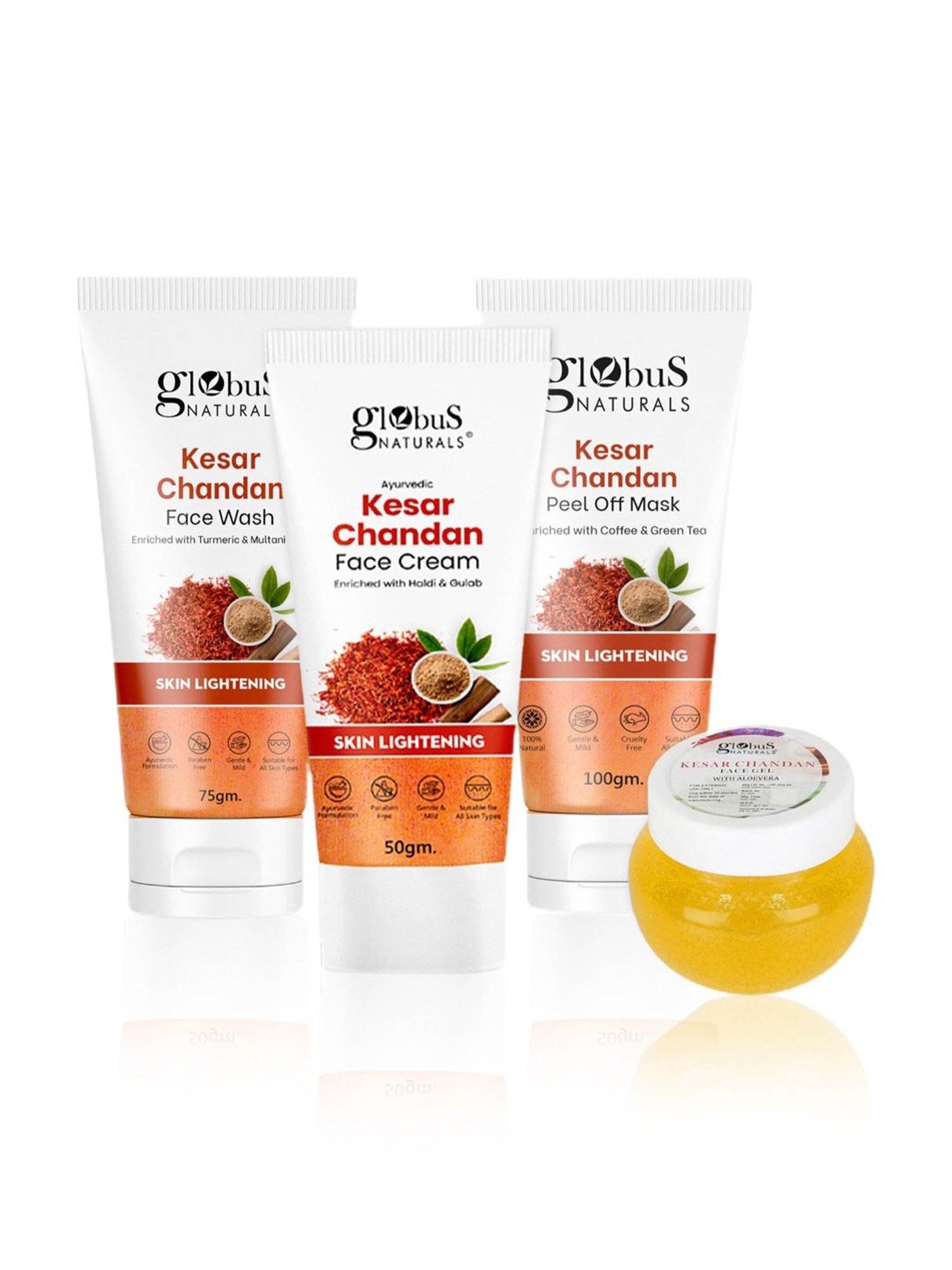 Globus Naturals Kesar Chandan Face Cream, Face Wash, Peel Off Mask & Face Gel Combo