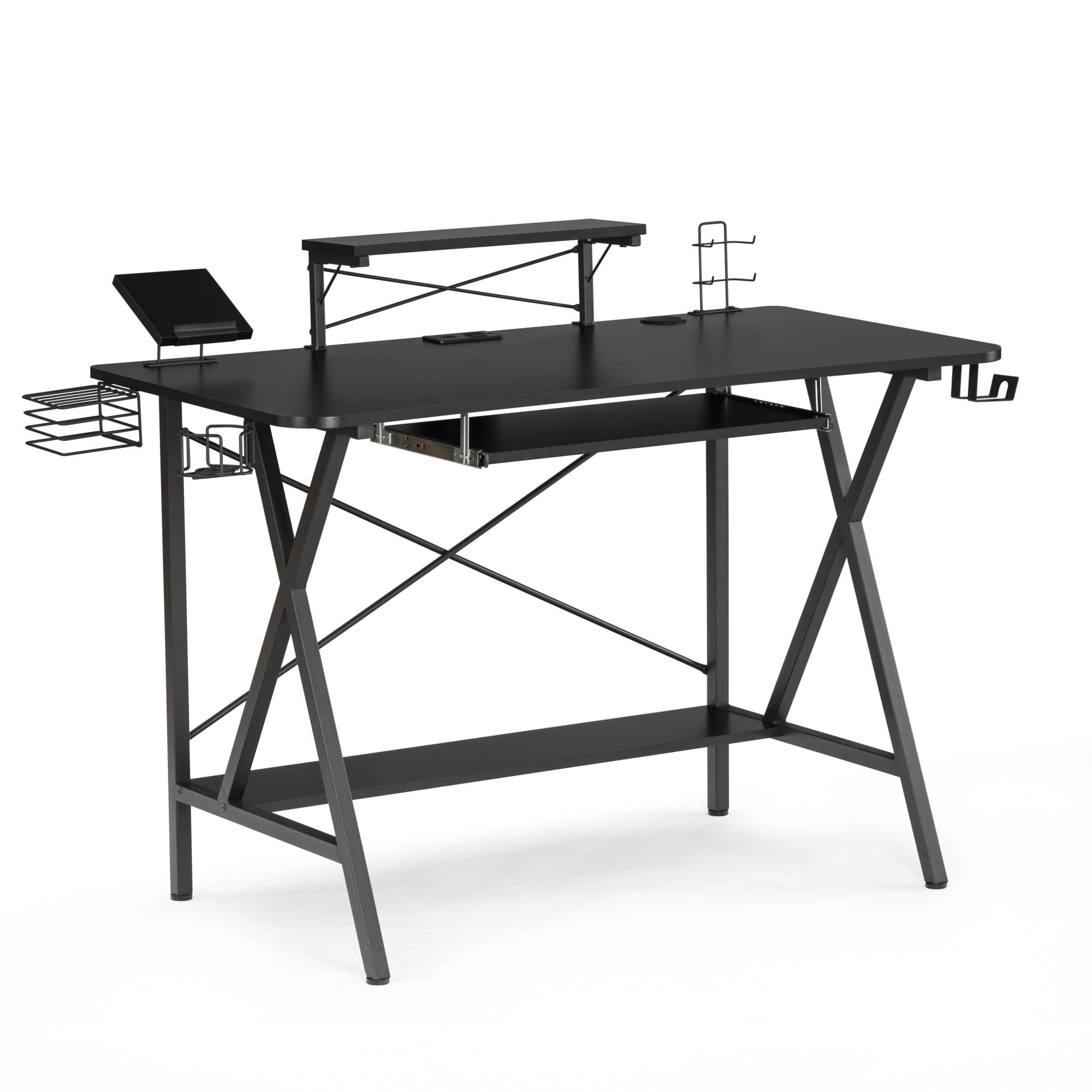 47" Gaming Desk Table E-Sports Computer Desk Gaming Workstation Desk, PC Stand Shelf Keyboard stand Power Strip with USB Cup Holder & Headphone Hook Home Office Desk Gamer Desk Writing Table