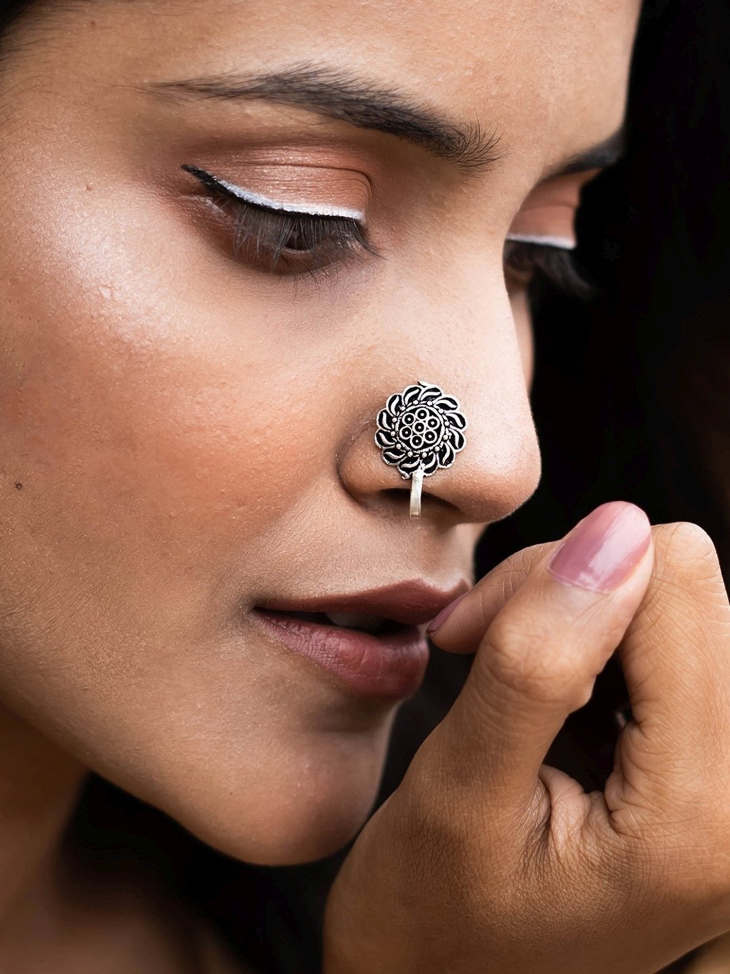 Teejh Ethnic Durva Silver Oxidized Nose Pin for Women