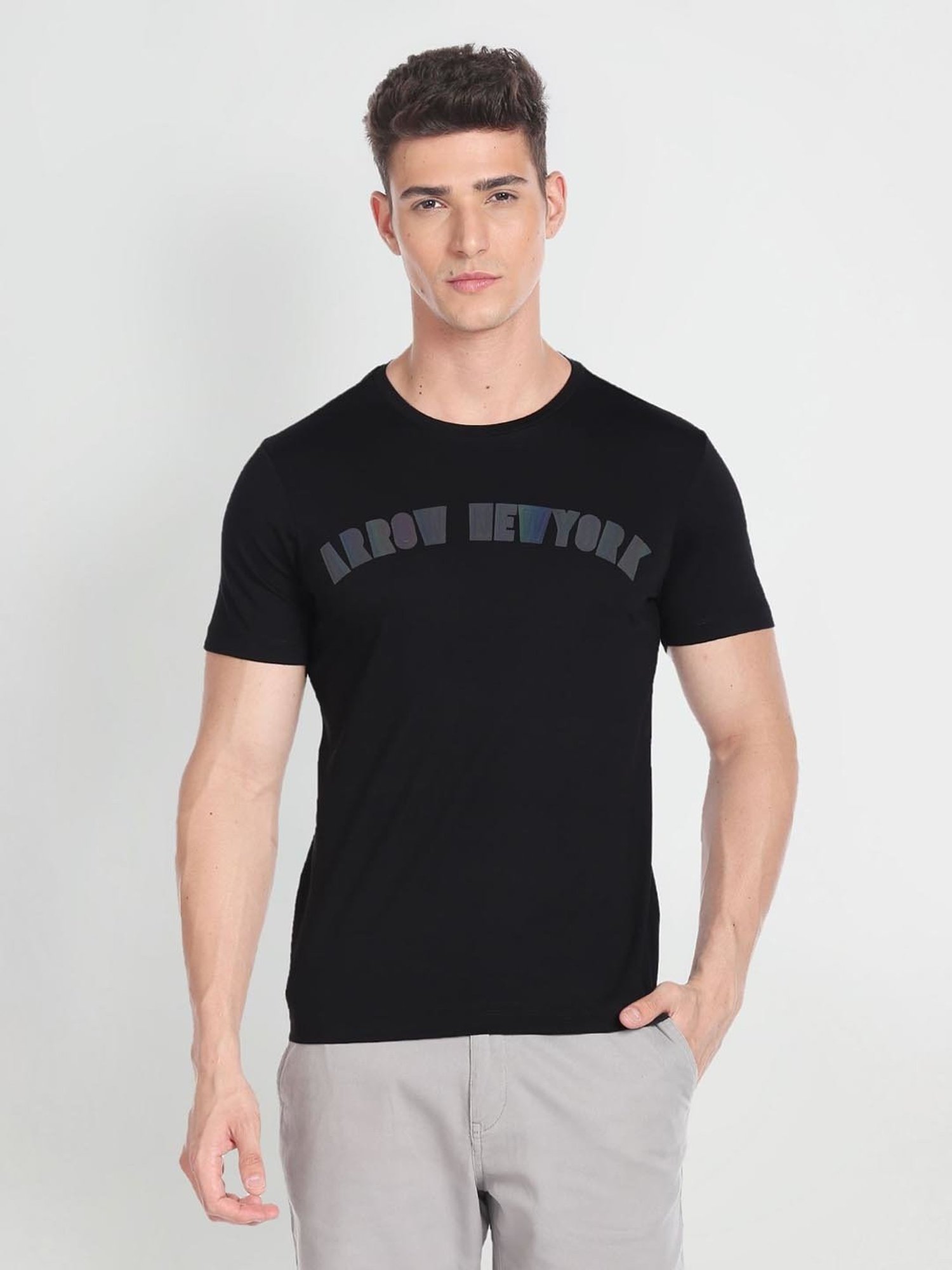 Arrow New York Black Cotton Regular Fit Printed T-Shirt