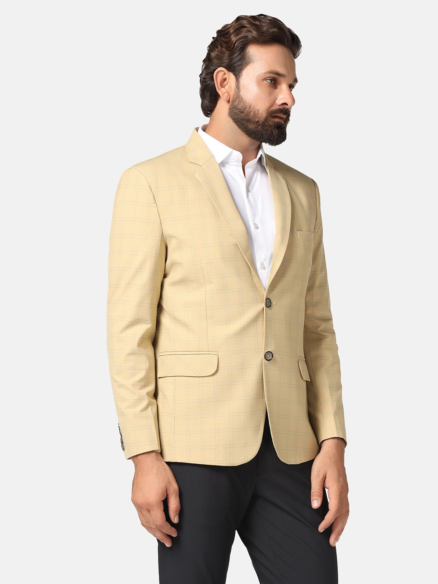 TAHVO Beige Slim Fit Check Notch Lapel Blazer