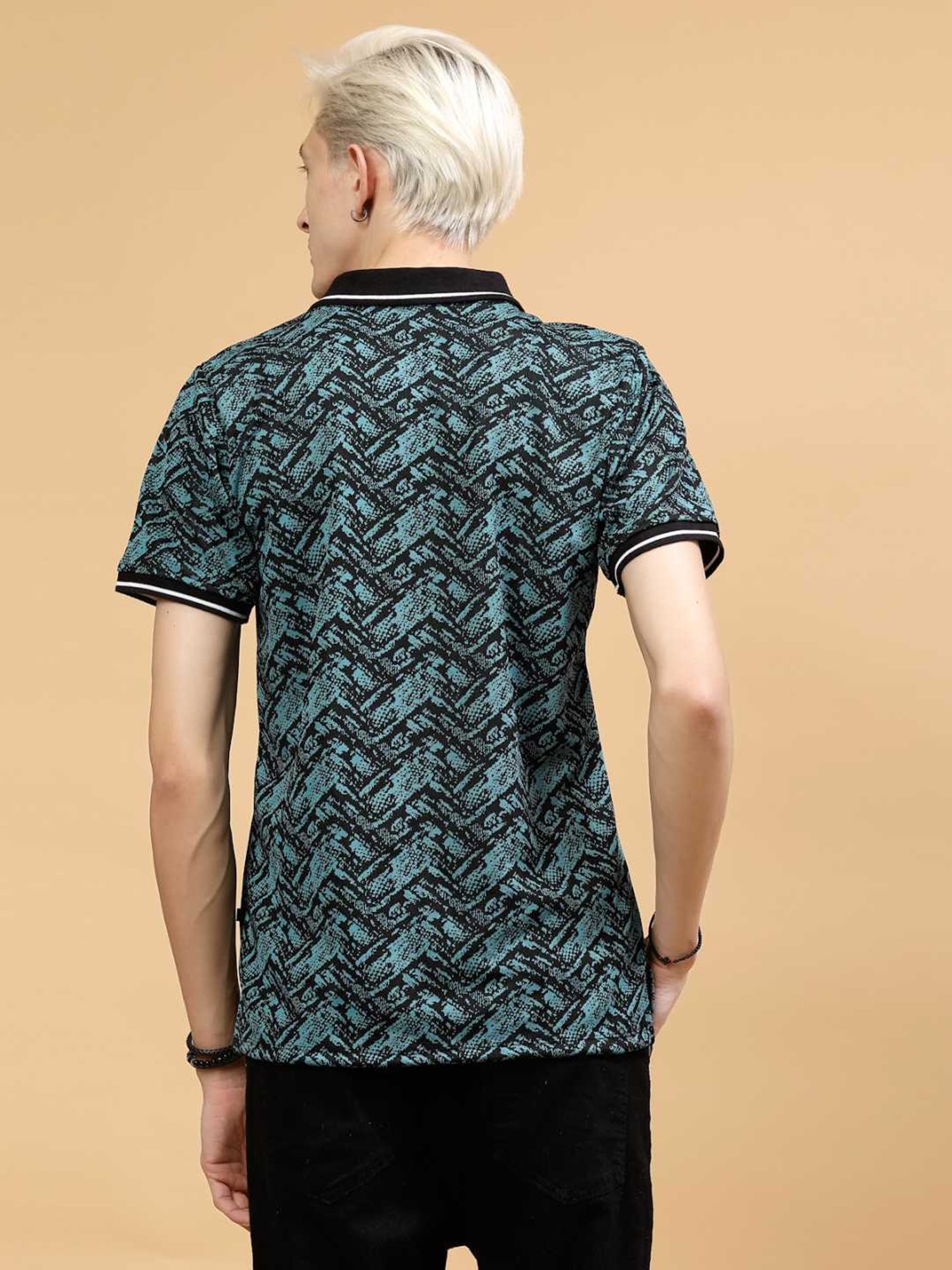 Rigo Teal Slim Fit Printed Polo T-Shirt