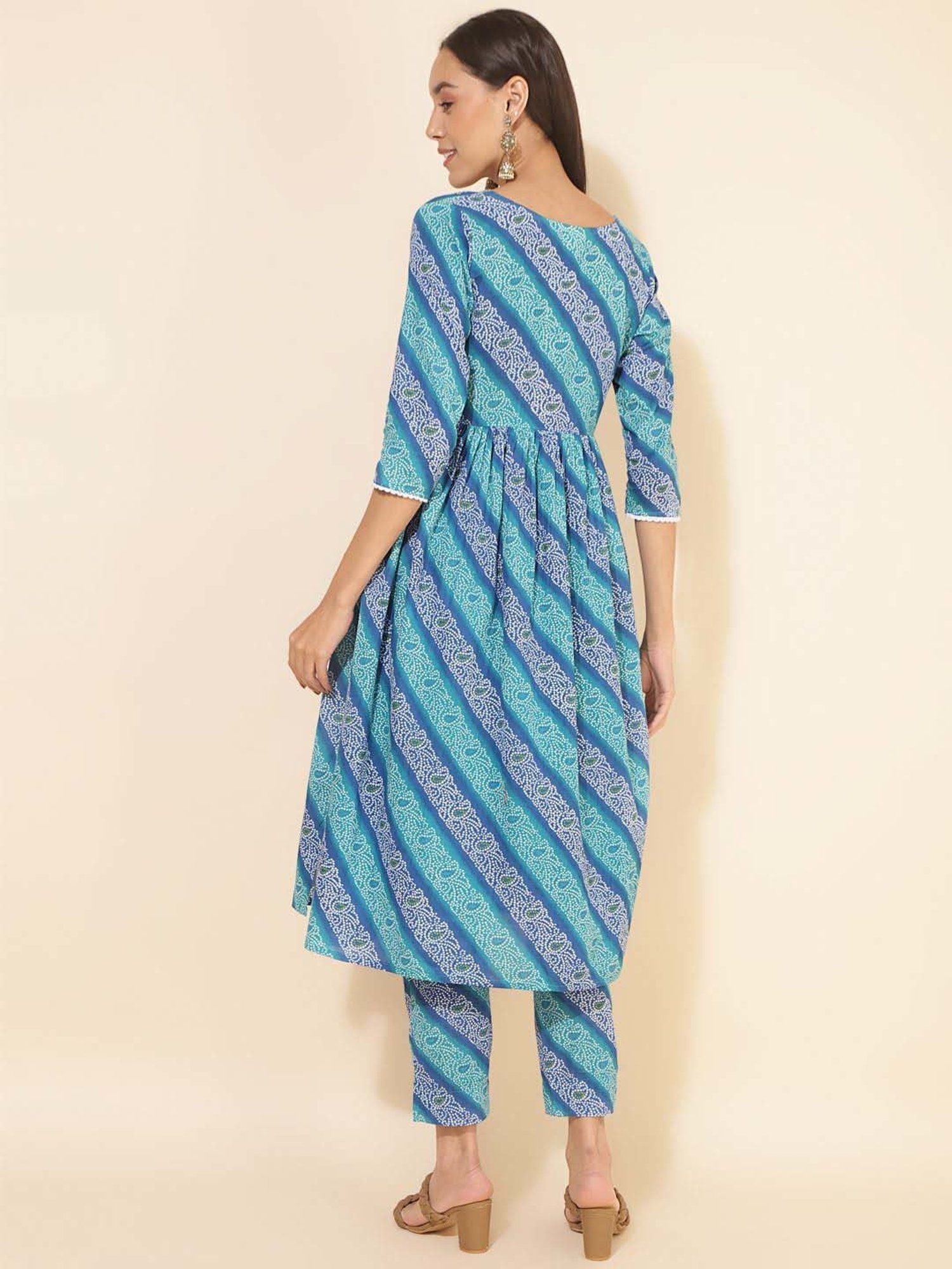 Janasya Blue Cotton Printed Kurta Pant Set