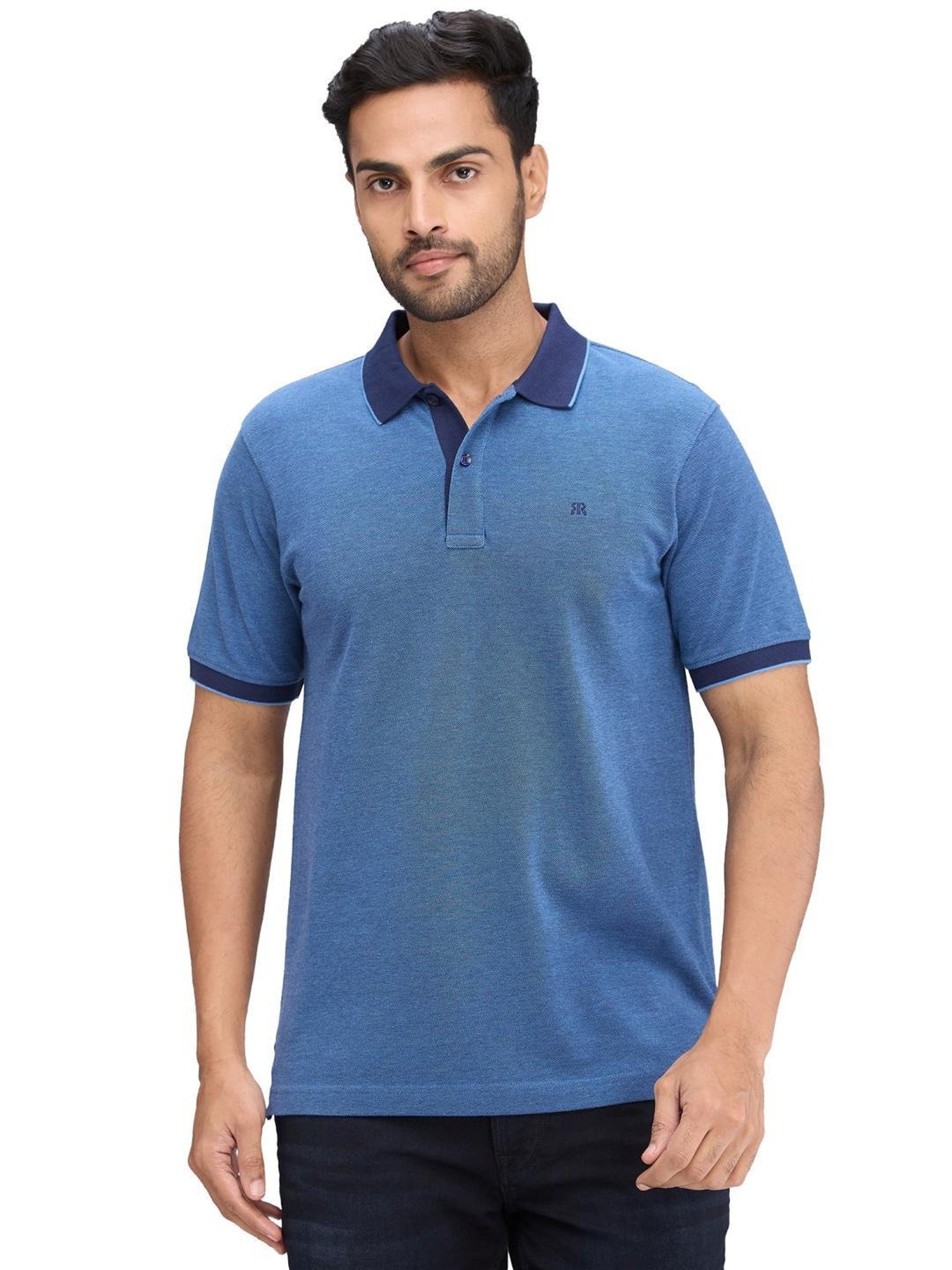 Raymond Blue Slim Fit Self Pattern Polo T-Shirt