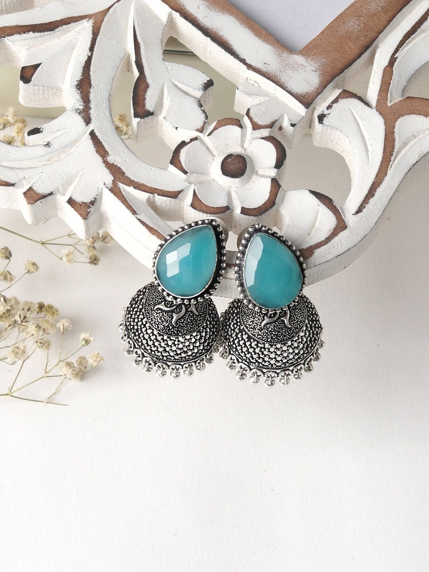 Teejh Ethnic Shanya Light Blue Stone Silver Oxidized Jhumki Earrings