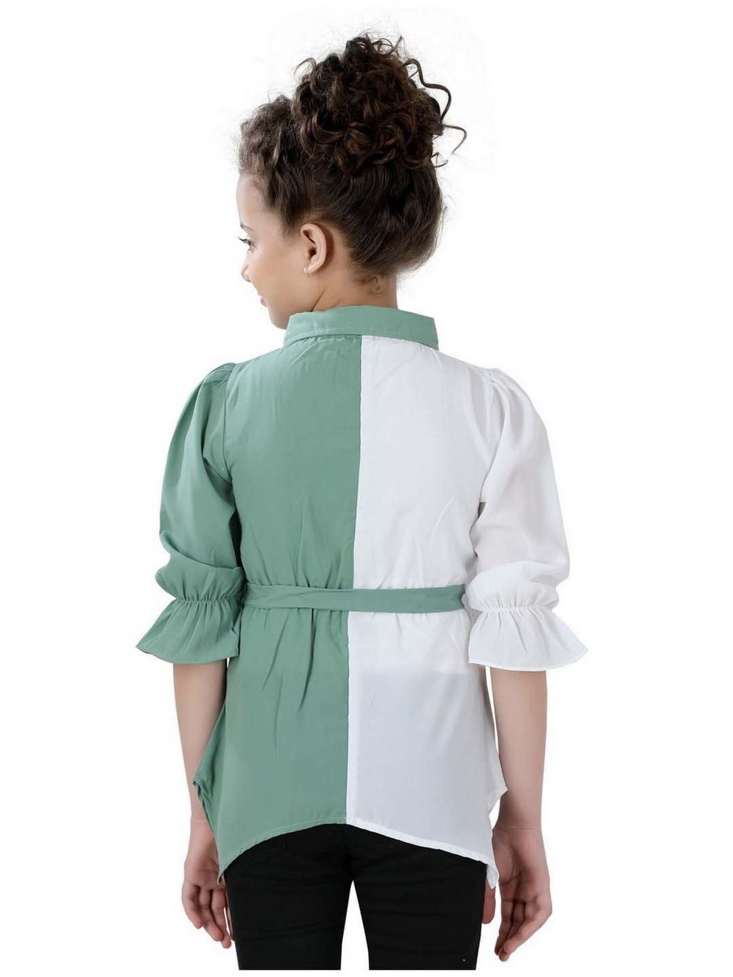 poplins Kids Green & White Cotton Color Block Top