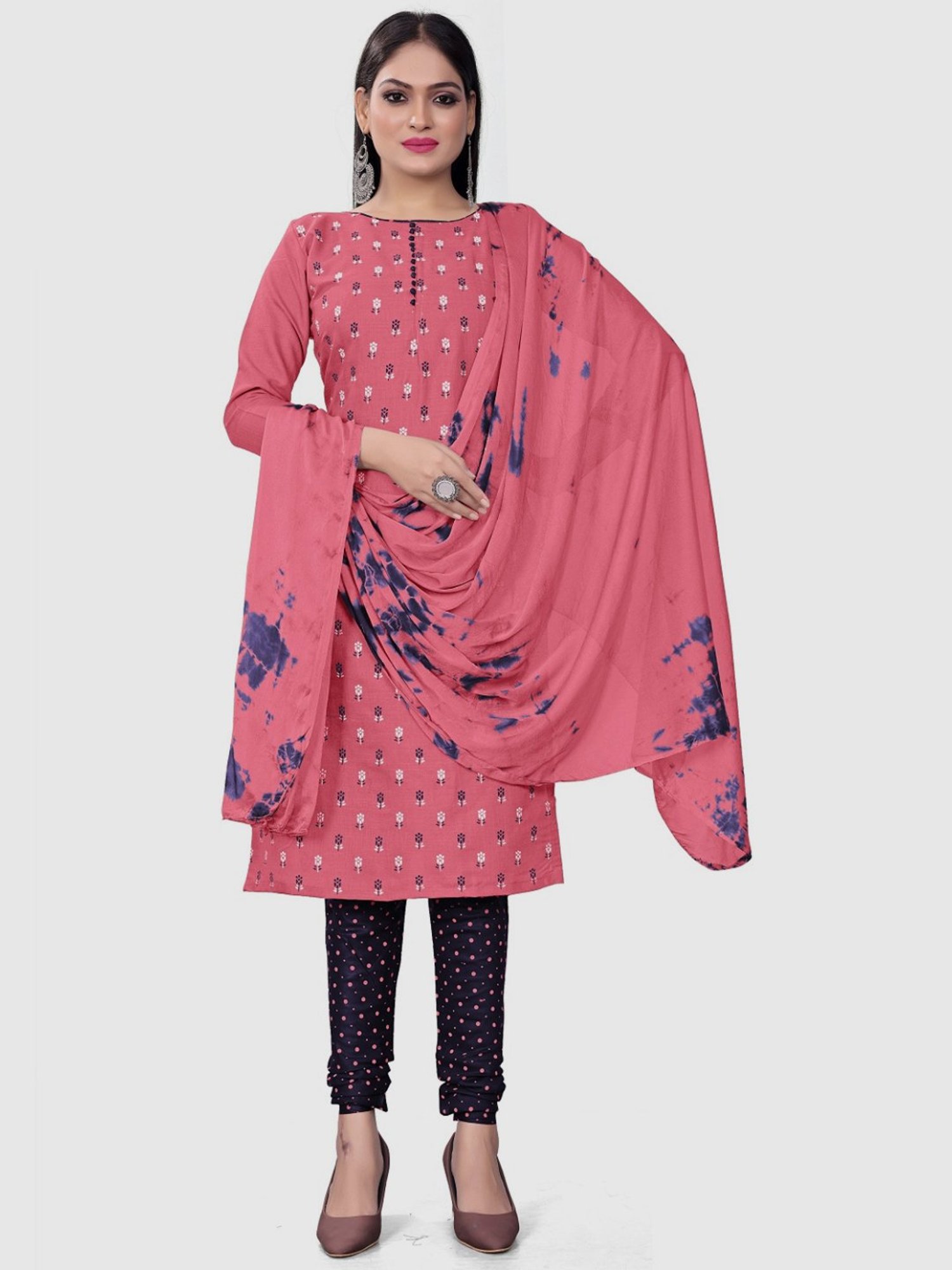 APNISHA Peach & Blue Cotton Printed Unstitched Dress Material