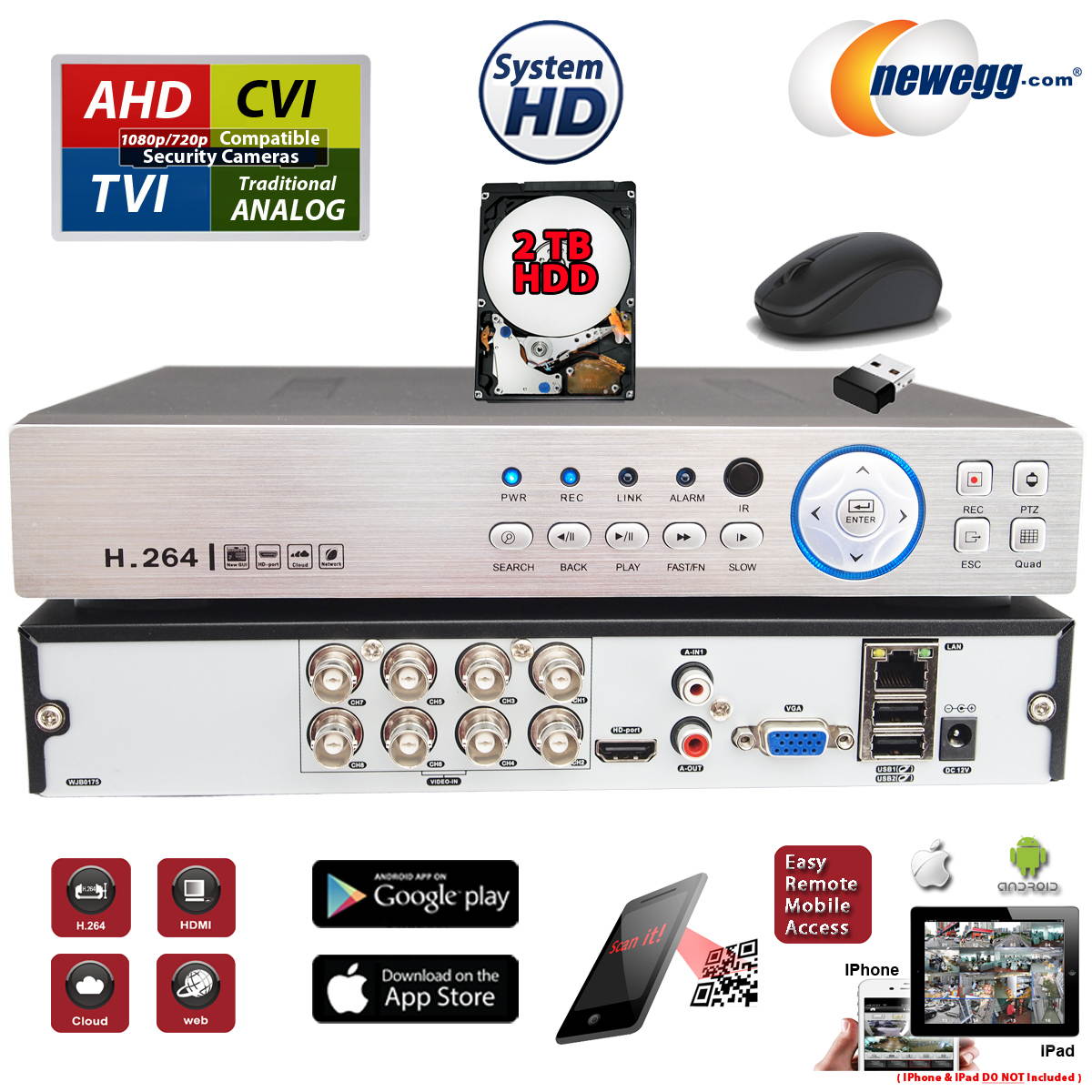 Evertech 8 Channels High Definition DVR 4in1 AHD TVI CVI Analog security surveillance recorder with 2TB Hard drive Installed and Pre-Configured