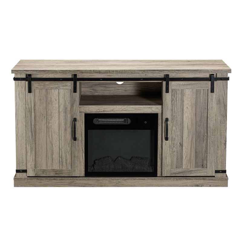 54" Sliding Doors TV Stand For TVs up to 60" with Electric Fireplace Antique Gray Oak - Home Essentials