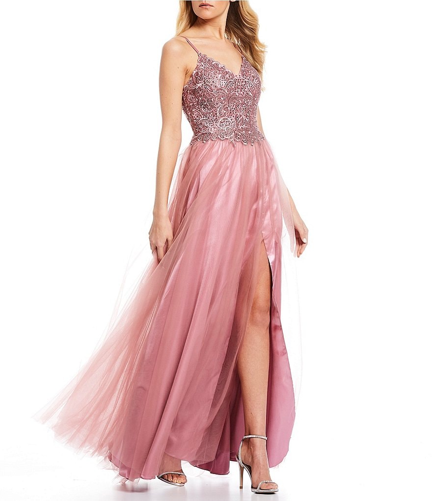 Blondie Nites Spaghetti Strap Embroidered Bodice Side Slit Mesh Ball Gown